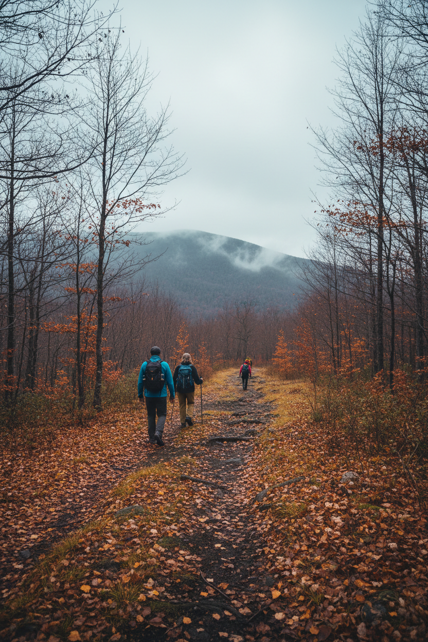 Hikers walk along a path littered with fallen leaves.